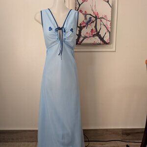 Vintage Sheer Blue Nylon Nightgown Dress Poland L Flowy Tie Front